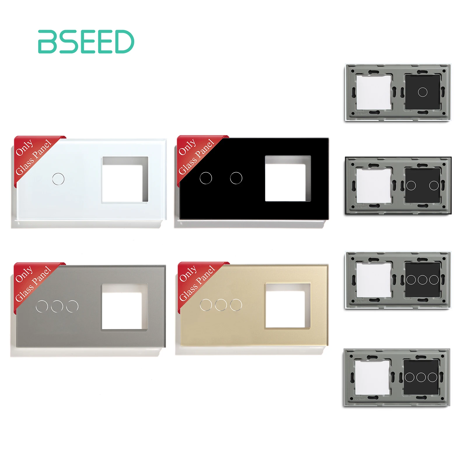 BSEED Crystal Glass Panel Frame 157mm Pearl White Black Gloden For Wall Switches Power Socket Only Glass Frame