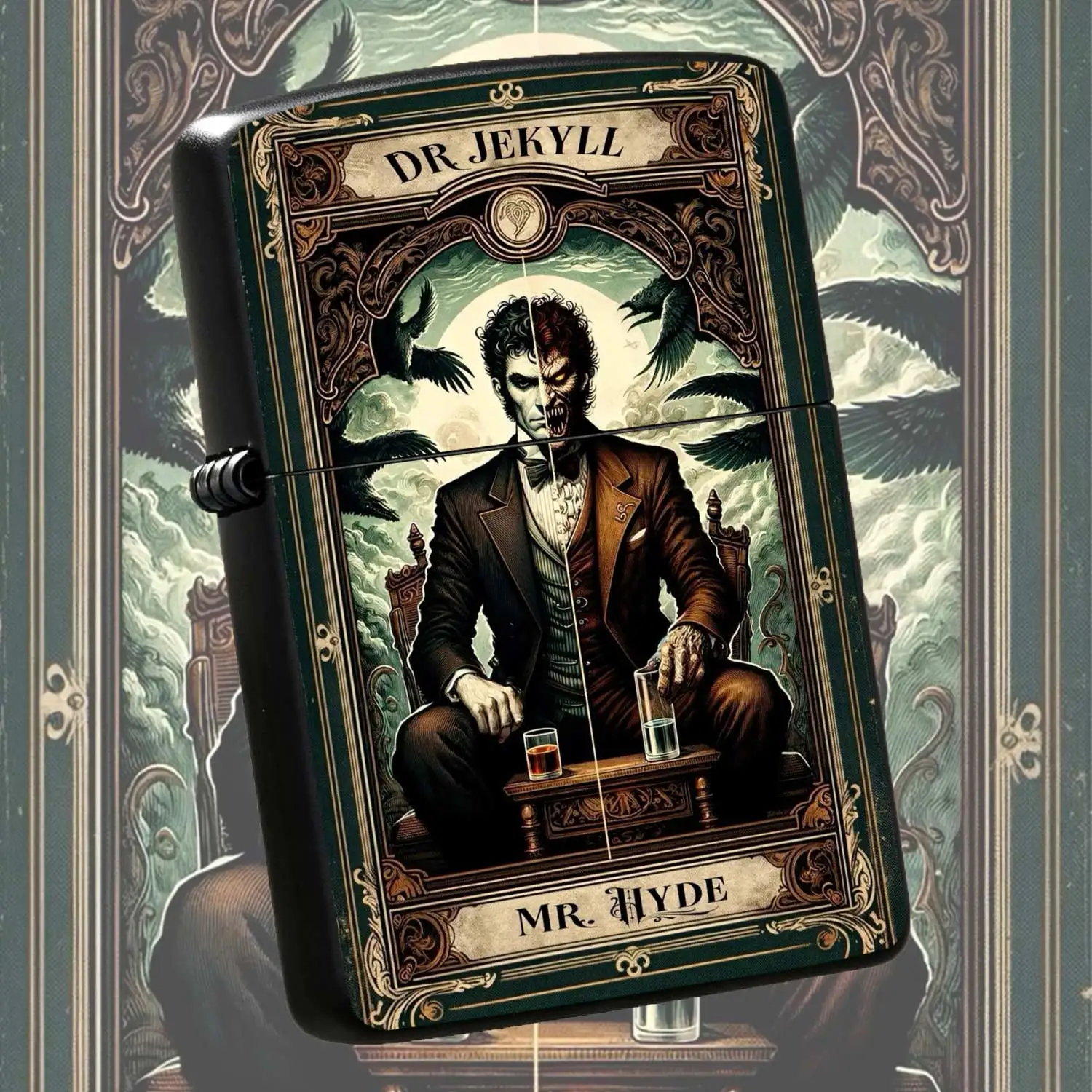 Flip-Top Pocket  Lighter, Windproof  Lighter with Classic Dr. Jekyll and Mr. Hyde Gothic Literature Themed Print, Refillable Portable  with Split Dual-Character Design, Ideal for Collectors and Daily Use Humoro