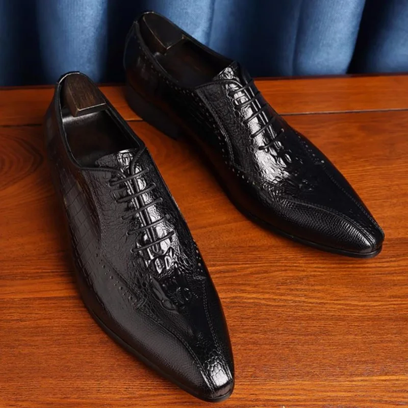 British Style Oxford Man Leather Dress Shoes Pointed toe Lace-up Crocodile-patterned Genuine Leather Formal Shoes For Men