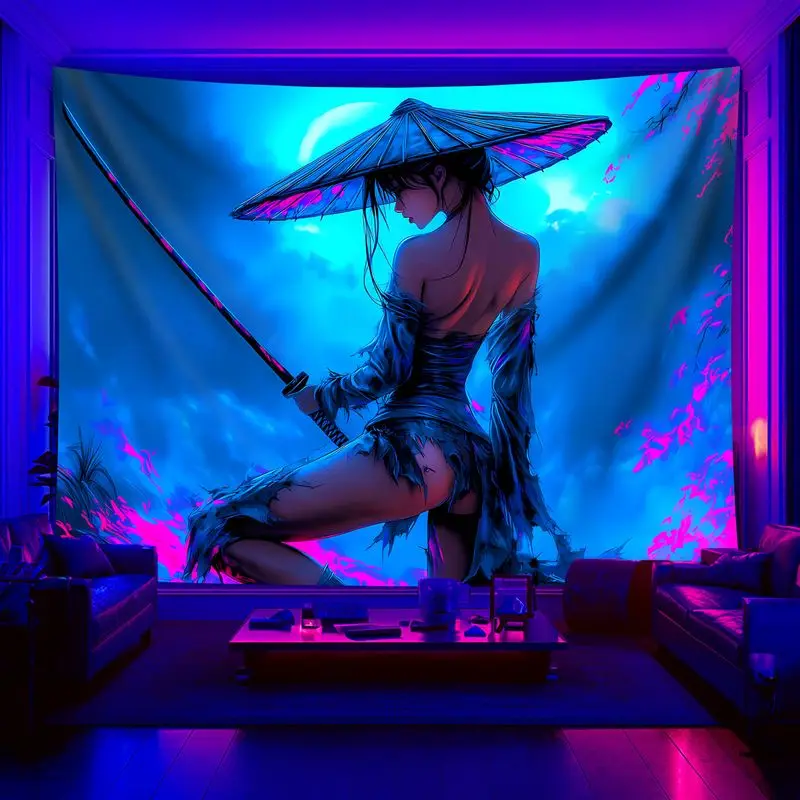 VIKAMA Blacklight Samurai Girl Tapestry Neon Blue Pink Katana Conical Hat Anime Wall Hanging UV Otaku Manga Art Decor