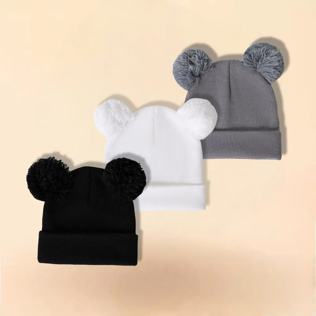 A warm and cute double ball knitted pullover cap set for children's woolen hats for both boys and girls in autumn and winter
