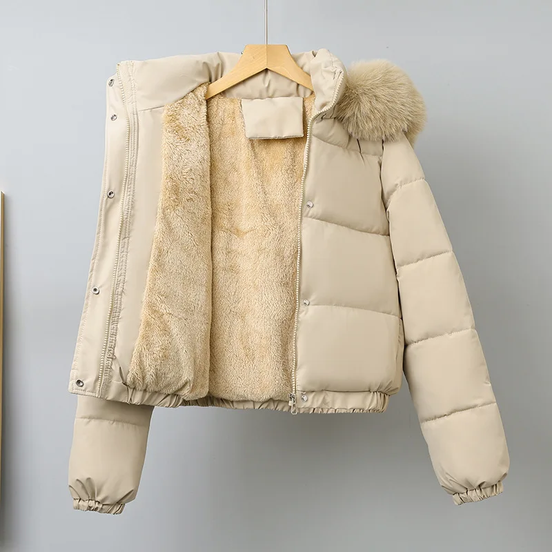 Winter Thickened Down Padded Jacket Women Outerwear Fur Collar Removable Hooded Warm Long Sleeves Stand Collar Women's Clothing