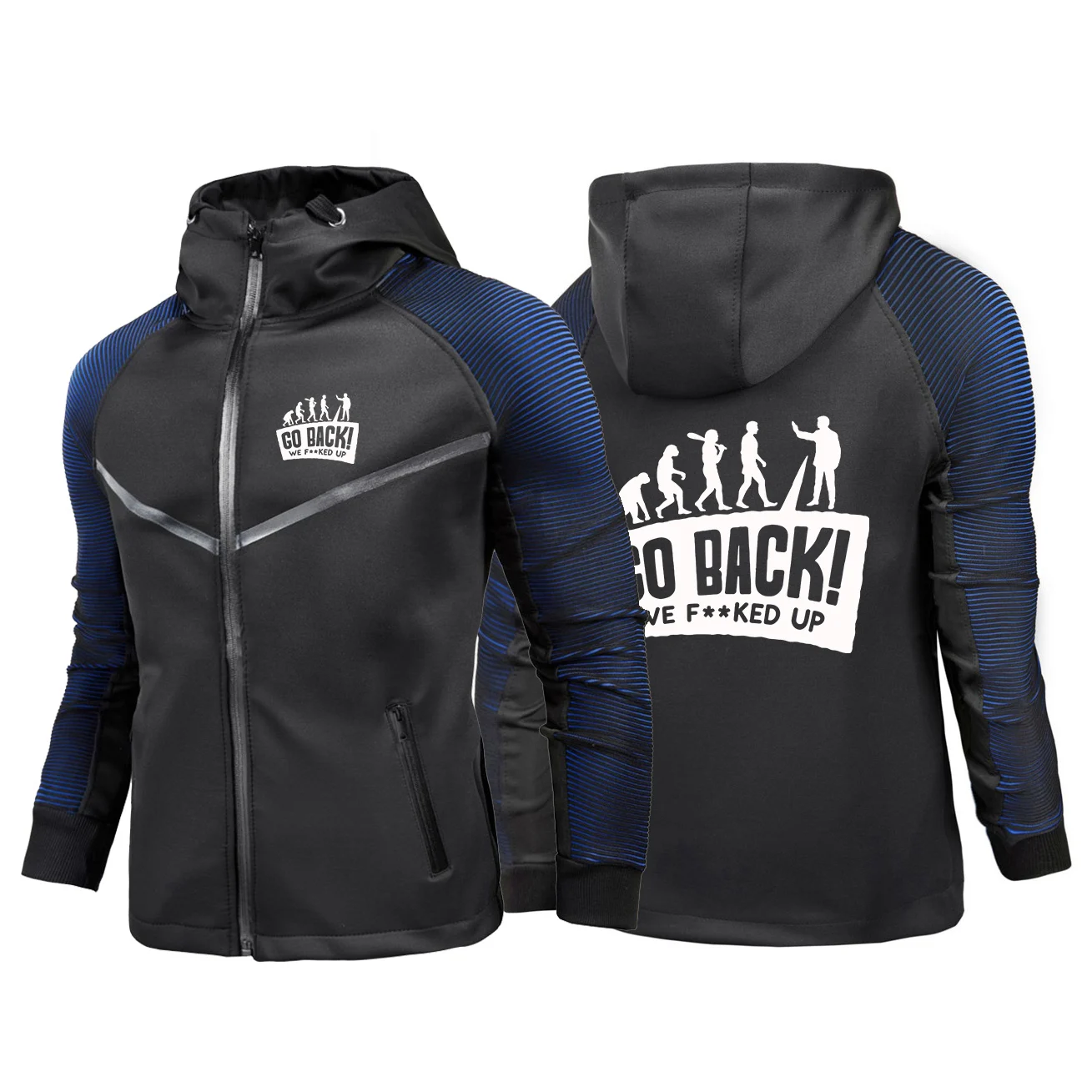 Veste de course pour hommes sur le thème de l'évolution, adaptée au printemps et à l'automne, avec motifs imprimés, veste à capuche