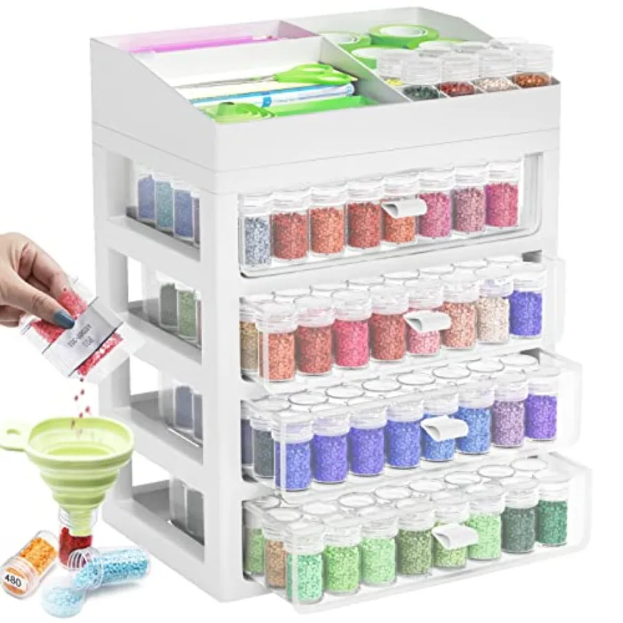 

Storage Containers for Diamond Painting Accessories Art Bead Organizer 4 Drawers with 192 Slots Storage Bottles and Diamond Pai