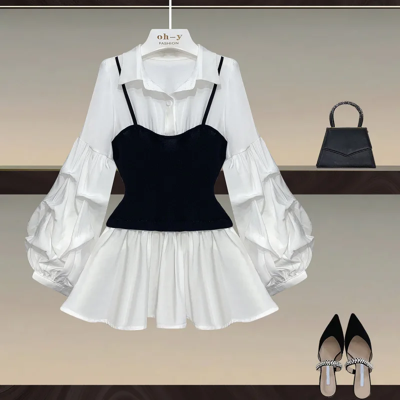 フレンチスタイルカラーブロックパッチワークフェイクツーピース女性のシャツフレアスリーブラペルウエスト締め付けシャツルーズ秋トップ