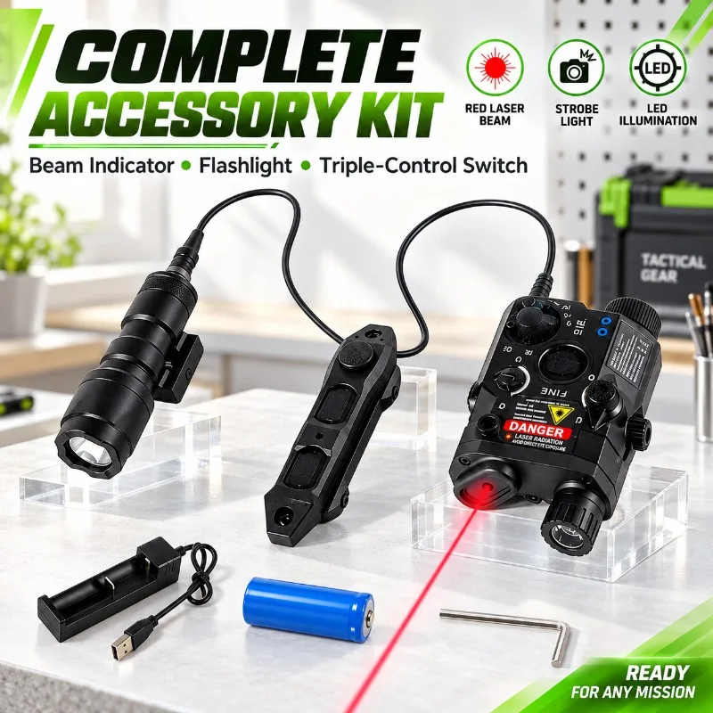 PEQ15 Inspired Alloy Hobby Display Accessory, Tunable Red‑Green Beam, Strobe Flashlight, Triple‑Key Wired Control