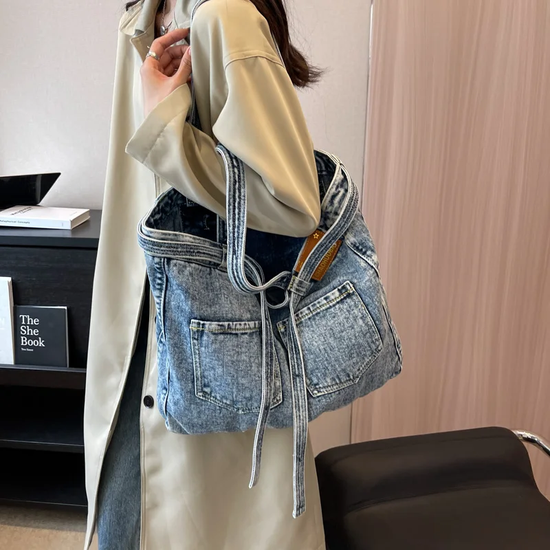 Denim Casual Tote Bags for Women Summer Trend Pleated Large Shoulder Bag Woman High Quality Fashion Commuting Big Messenger Bag