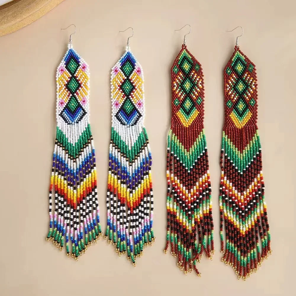 

Long Pattern Tassel Wavy Design Geometry Hand Knitting Bohemia Fashion Simple 2025 Handmade Beaded Earrings