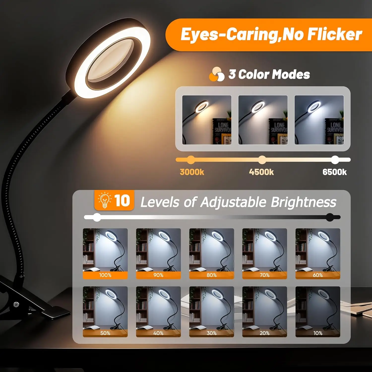Clip on Magnifying light Reading Desk Lamp 3 Colors 10 Levels Dimmable Adjustable Flexible Gooseneck for Crafting Close Work