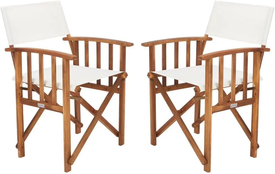 Tall Folding Director Chair Set Of 2 Natural Wood Frame Beige Canvas Fabric Seating Portable Side Table Outdoor Yard Patio Garden Furniture Studio Makeup Artist Chair