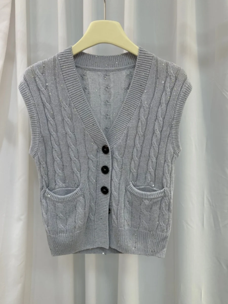 24 B//C New Ladies Linen Sleeveless Knitted High Quality Sequin Vest Twist Button Cardigan