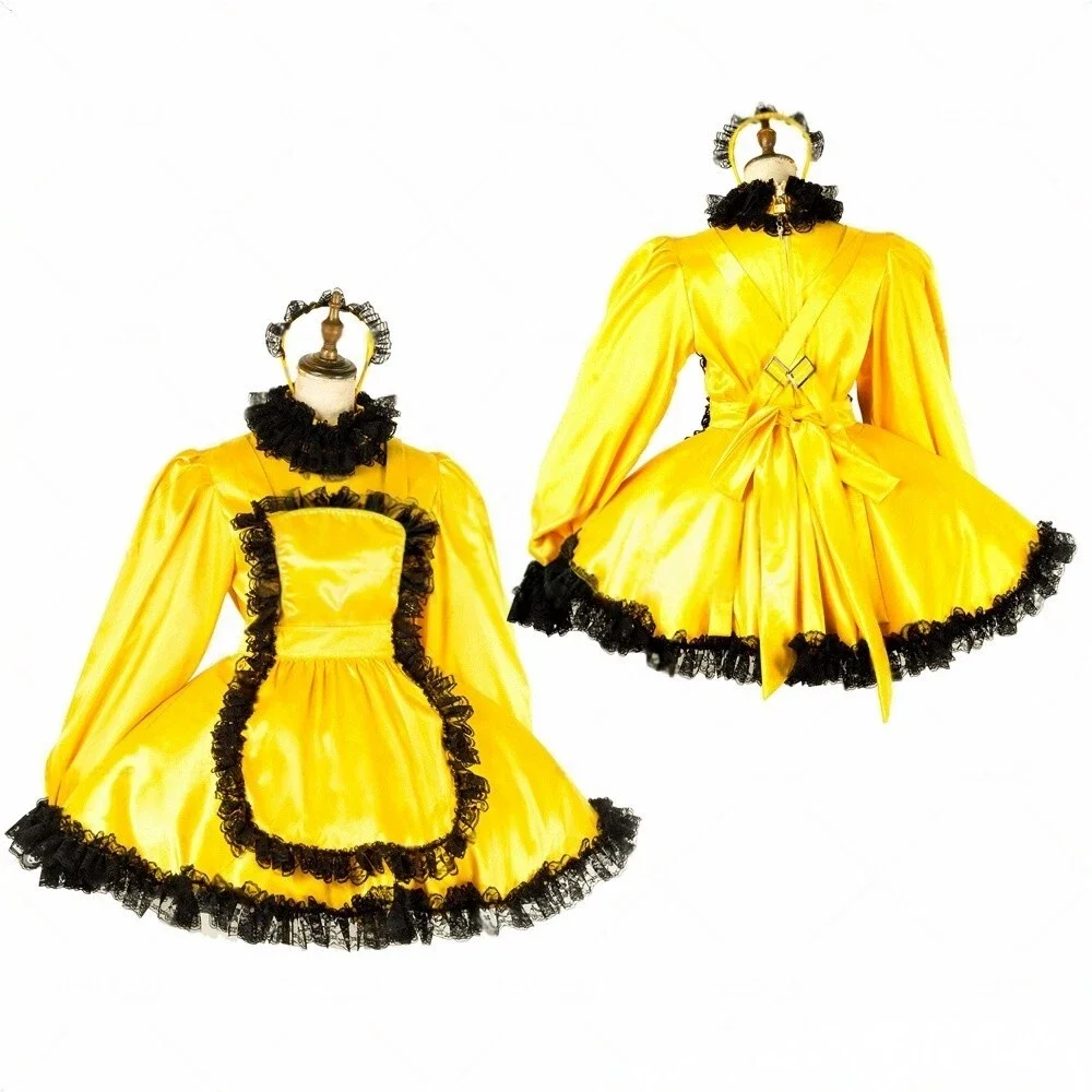 

Sexy Sissy girl French maid yellow satin lockable chiffon ruffle cosplay costume customizable