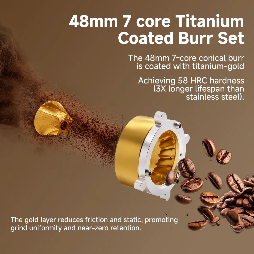 BioloMix Solid all-metal Pro-grade Precision Electric Coffee Grinder, 7-core 48mm Gold Titanium-Plated Burr for Home, Café Use view 3