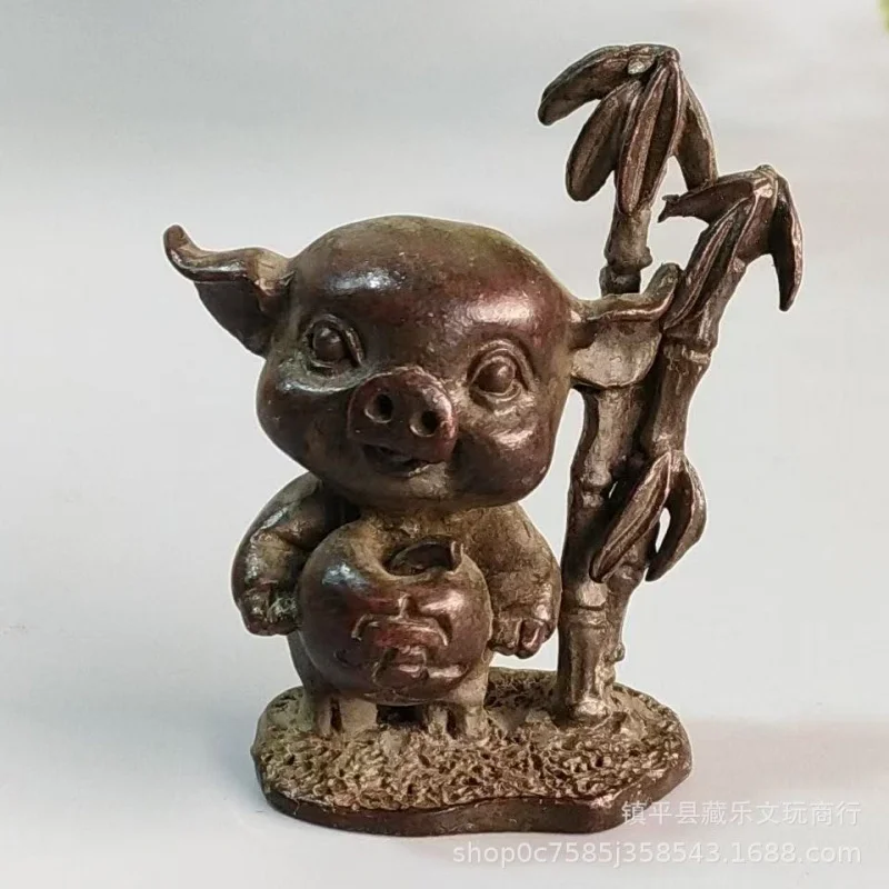 Copper alloy zodiac figurine, bamboo symbolizing peace, fortune pig tea pet, desktop home decoration, money-attracting piggy