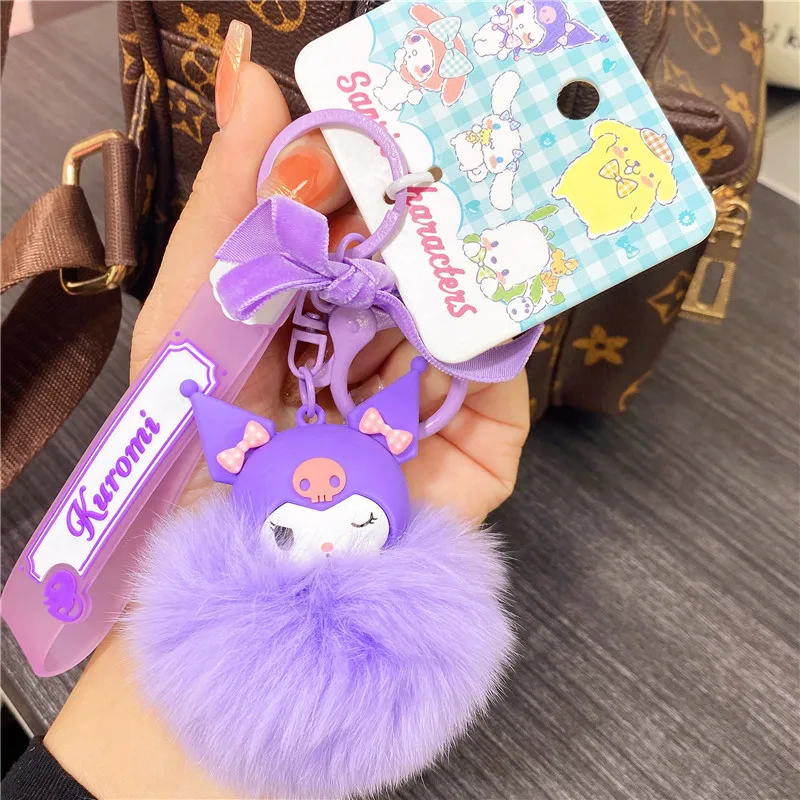 Sanrio Cartoon Kawaii Keychain Plush Charm Kuromi Hellokitty Fluffy Ball with Skull Bow Metal Ring for Keys Purse Anime Gifts