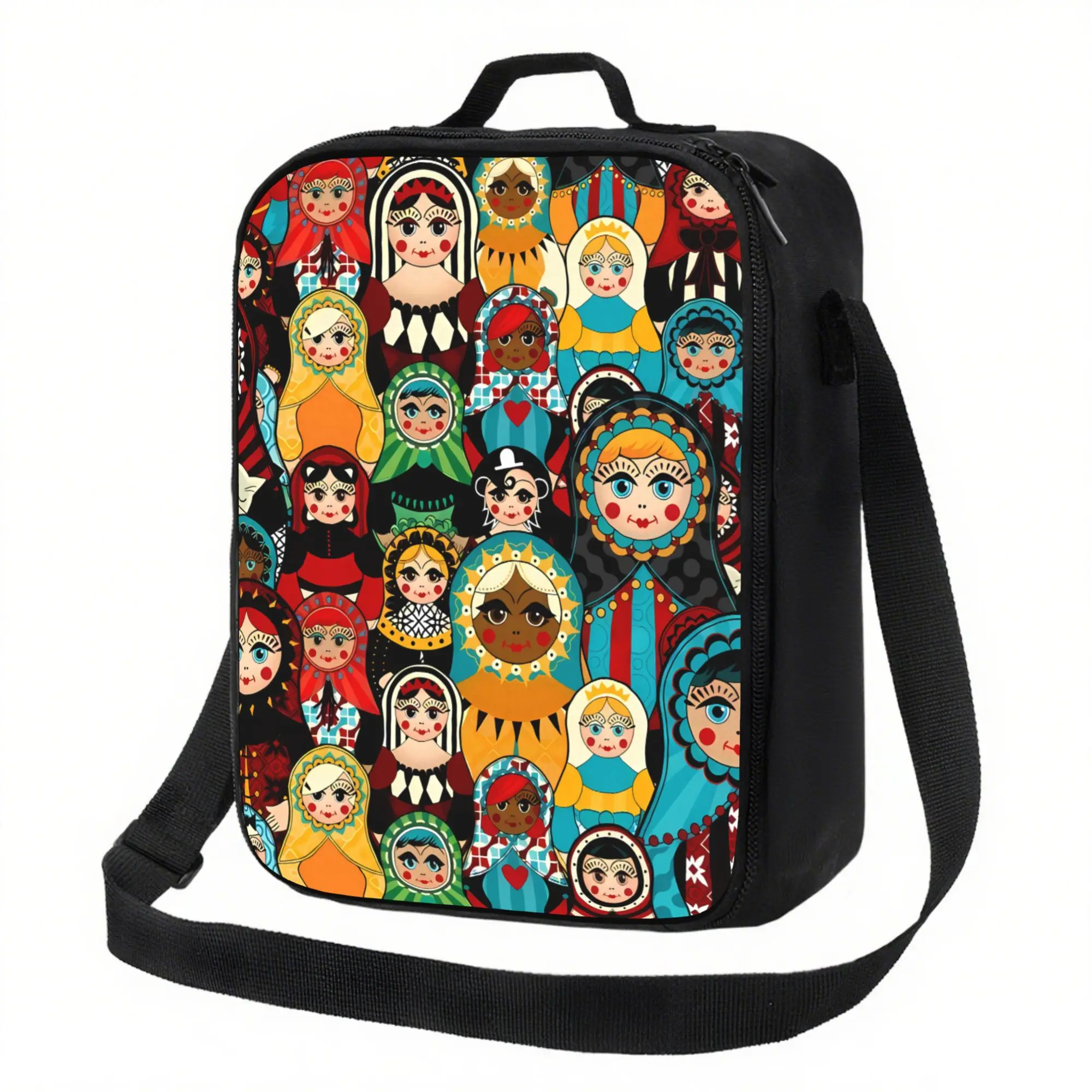 Matryoshka Doll Print Insulated Lunch Bag 600D Oxford Fabric Adjustable Strap for Picnic Office School Travel