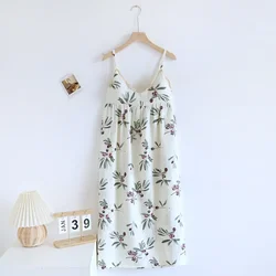 2024 New Summer Women's Sleeping Skirt 100% Cotton Crepe with Chest Cushion Suspender Dress Cute Thin Home Dress Summer Dress