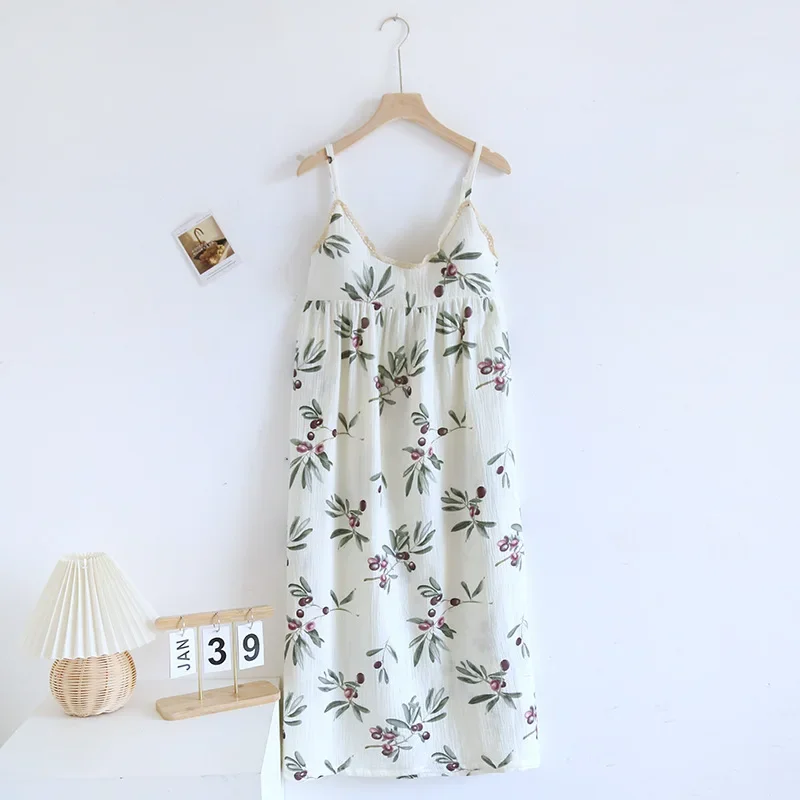 2024 New Summer Women's Sleeping Skirt 100% Cotton Crepe with Chest Cushion Suspender Dress Cute Thin Home Dress Summer Dress