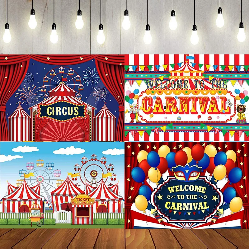 Circus Birthday Backdrop Photography Theme Decor Banner Welcome To The Carnival Red Tent Colorful Balloon Photography Background