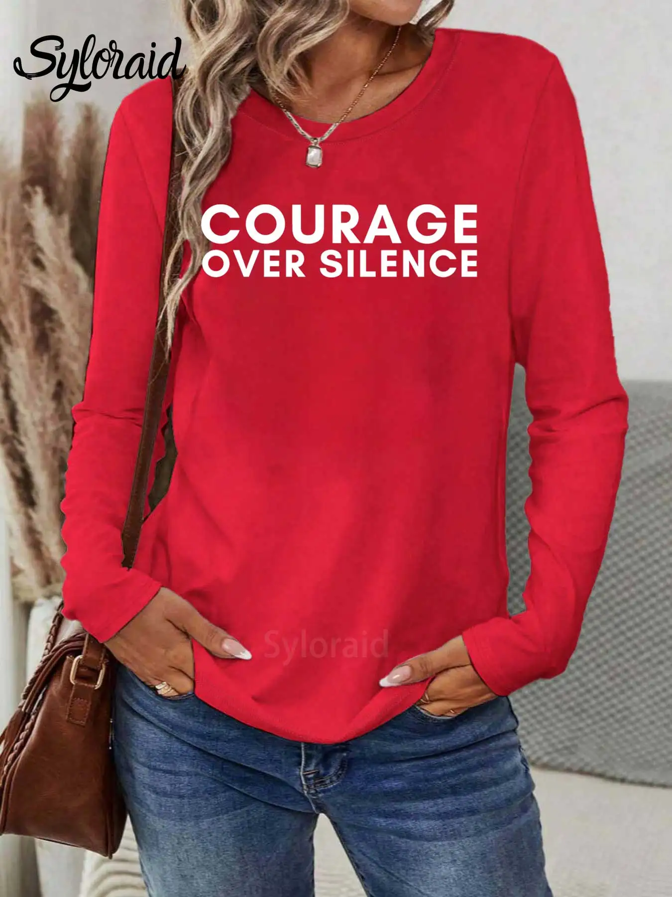 レディース長袖 Tシャツ Courage Over Silence Freedom Faith プリント Tシャツ ファッション ラウンドネック カジュアル トップ