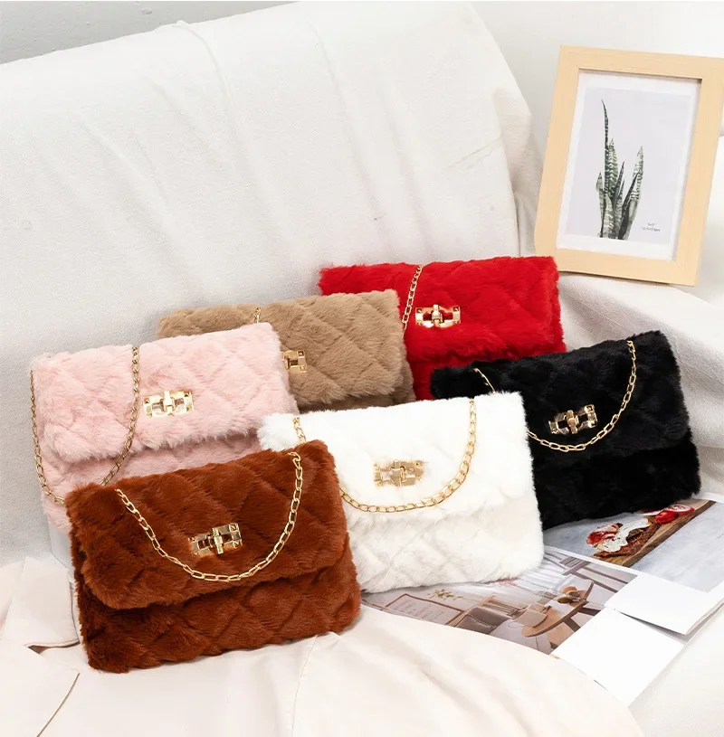 Plush small square bag 2024ladies bag foreign trade small mouth red envelope mobile phone sweet shoulder bag