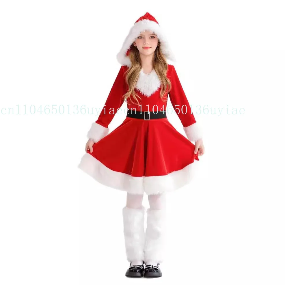 Gaun Natal Anak Perempuan Kostum Santa Claus Cosplay Gaun Pesta Berkerudung Merah Set Pakaian Mewah Hadiah Natal