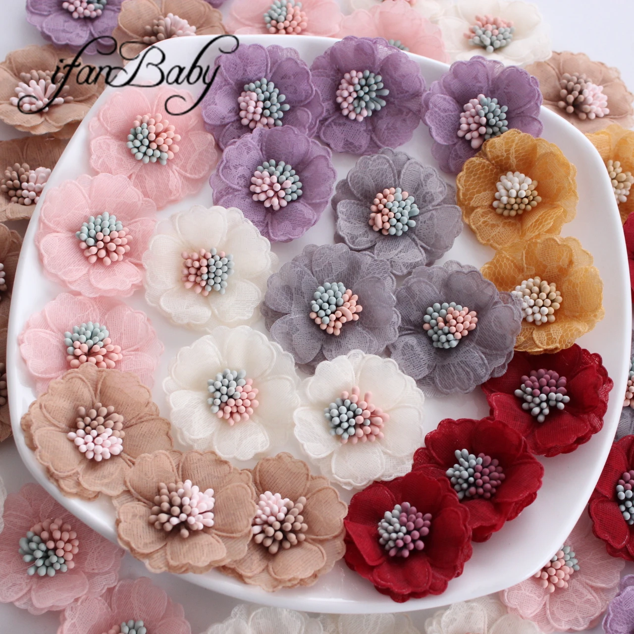 4CM Fashion Solid Fabric Flowers With Stamen Organza Lace Floral For Hair Accessories Apparel Accessories