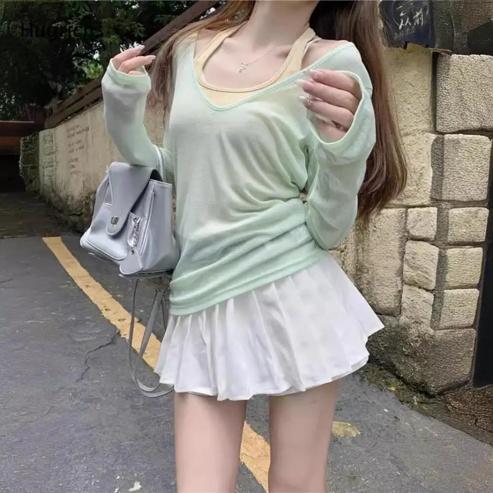 Sweet Summer Layered Two Piece Top Off Shoulder Sheer V Neck Long Sleeve Tee Halter Sling Camisole For Women