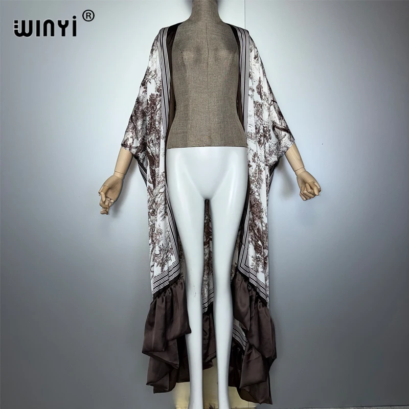 

WINYI kimono Classic pattern print sweet lady beach Bohemian long Cardigan Cover-up stitch Casual Boho Maxi Holiday party kimono