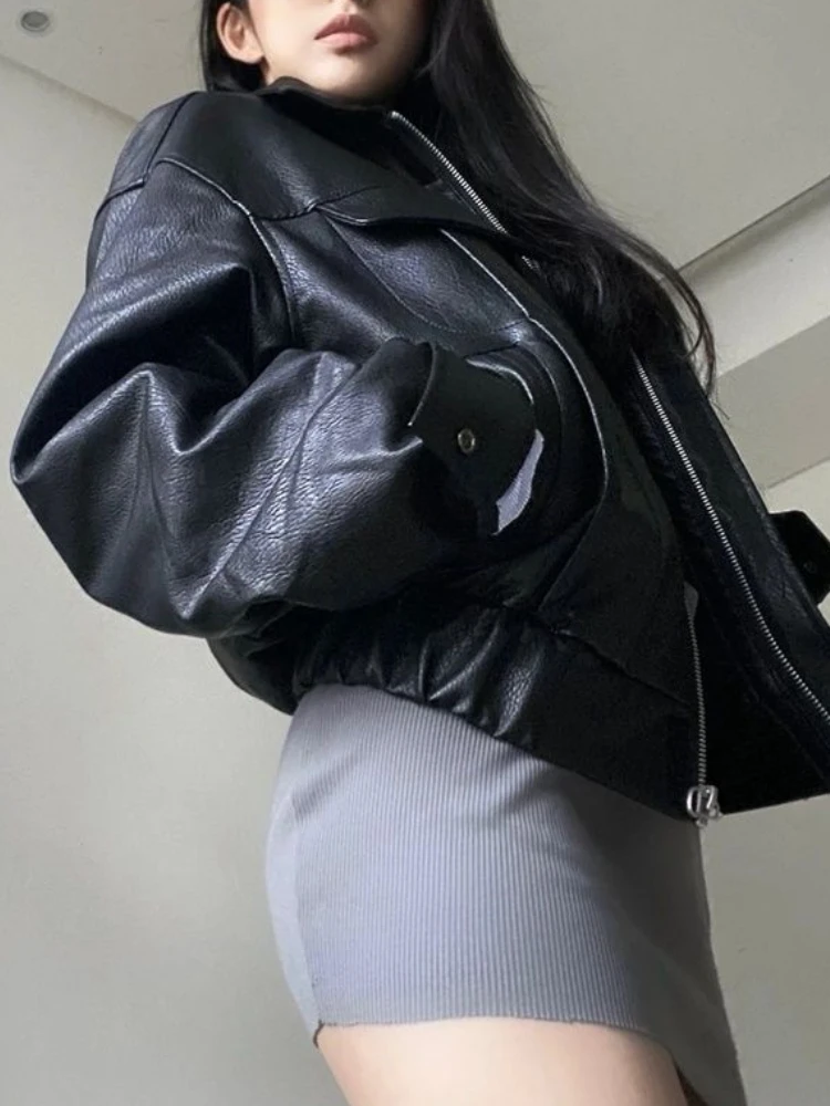 Streetwear Fashion Black Leather Jacket Women Punk Outwear Zipper Moto Leather Jacket Motor Biker Casual High Street Faux Coat