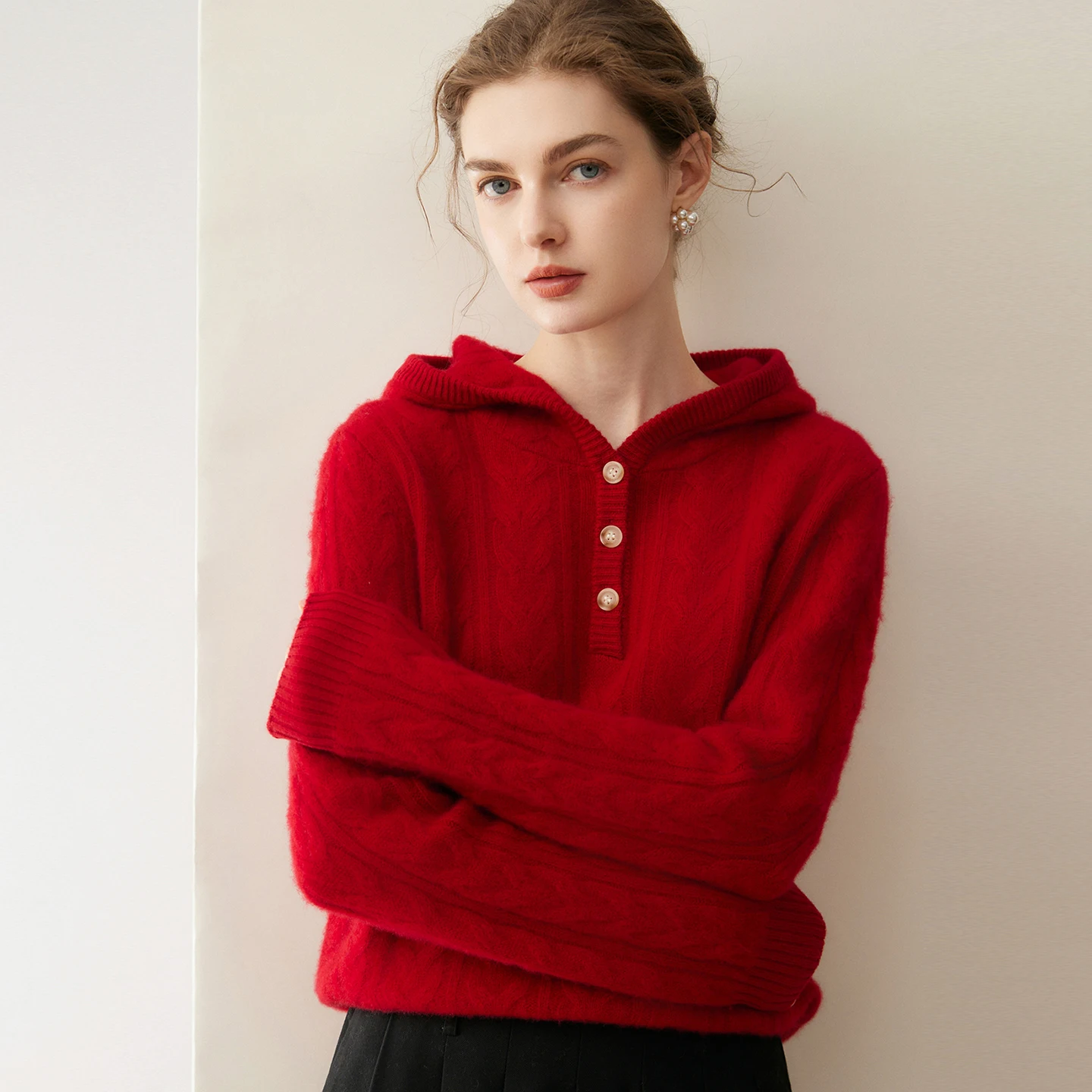 100% percent pure cashmere hooded jacquard pullover sweater winter warm breathable office knitted base layer top women commute..