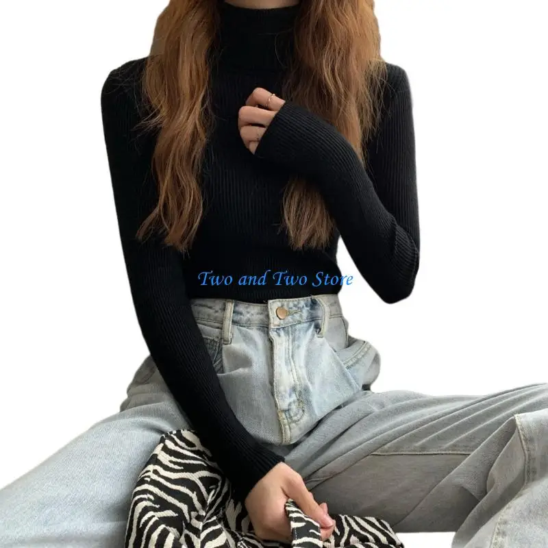 HX6F Autumn Sweater Women Fashion Multicolor Pullover Top Mock Neck Basic Shirt