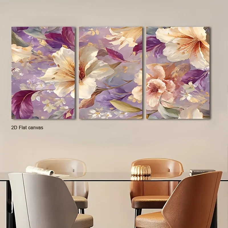 Frameless canvas 2D Flat, 2D Flat, 2D Flat Set Of 3 Lilac Lily Floral Canvas Art For Walls, , Ideal For Decorating Rooms, Off