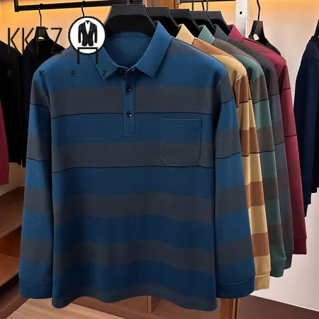 Mens Relaxed Lapel Polo Shirt Long Sleeve Horizontal Stripes Button Placket Casual Street Daily Fashion Outfit