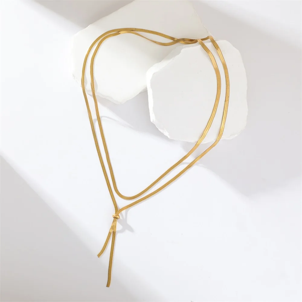 EILIECK 316L Stainless Steel Drawstring Tassel Long Necklace For Women Girl Fashion Gold Color Flat Snake Chain Jewelry Gift