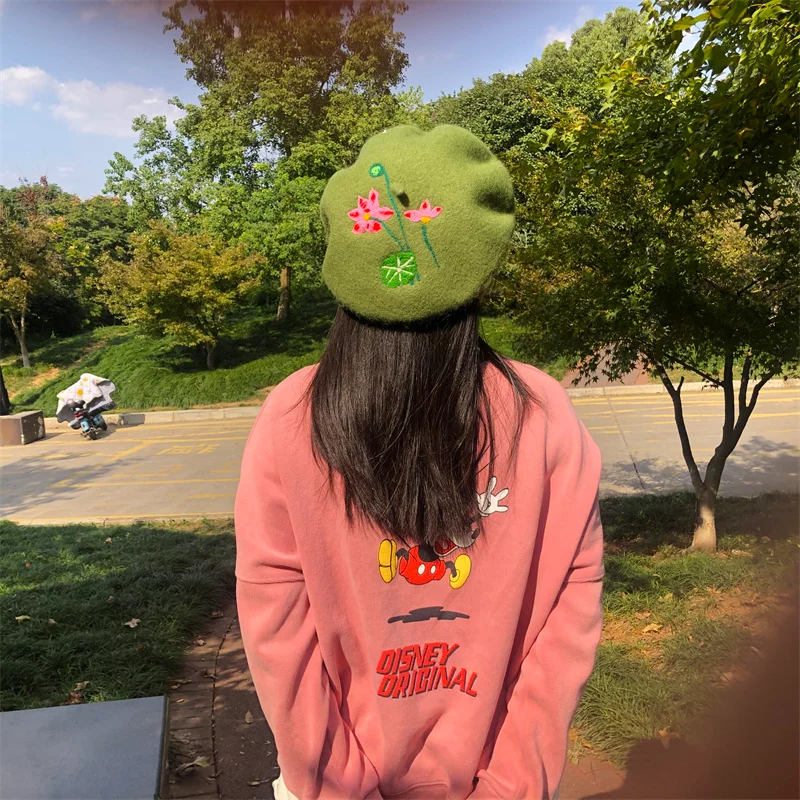 Y2k Beret Flower Pearl New Wool Woolen Peach Sweet Love Artist Hat Spring/Summer INS Funny Girl Pink Beret