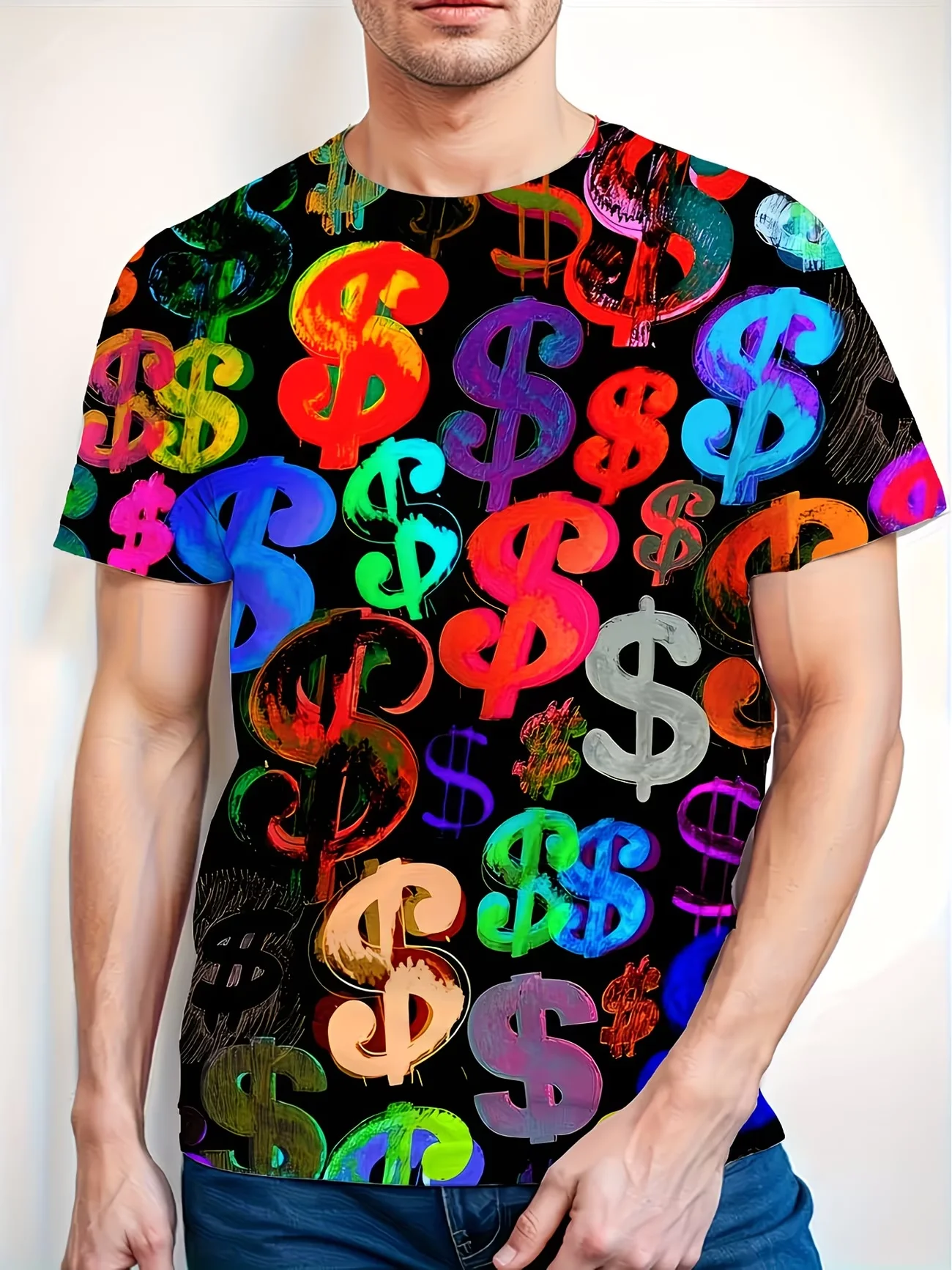 Camiseta divertida con estampado de signo de dólar multicolor para hombre, camiseta de manga corta para hombre, ropa informal de manga corta, ropa para hombre Youngla