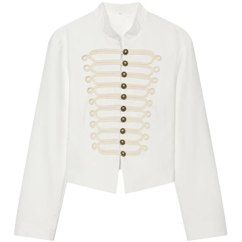 HXAO Kurze weiße Jacke für Damen, taillierte Demi-Season-Bomberjacke, Froschknopf, langärmlig, Oberteile, Oberbekleidung, kurzer Militärmantel – Detail 4