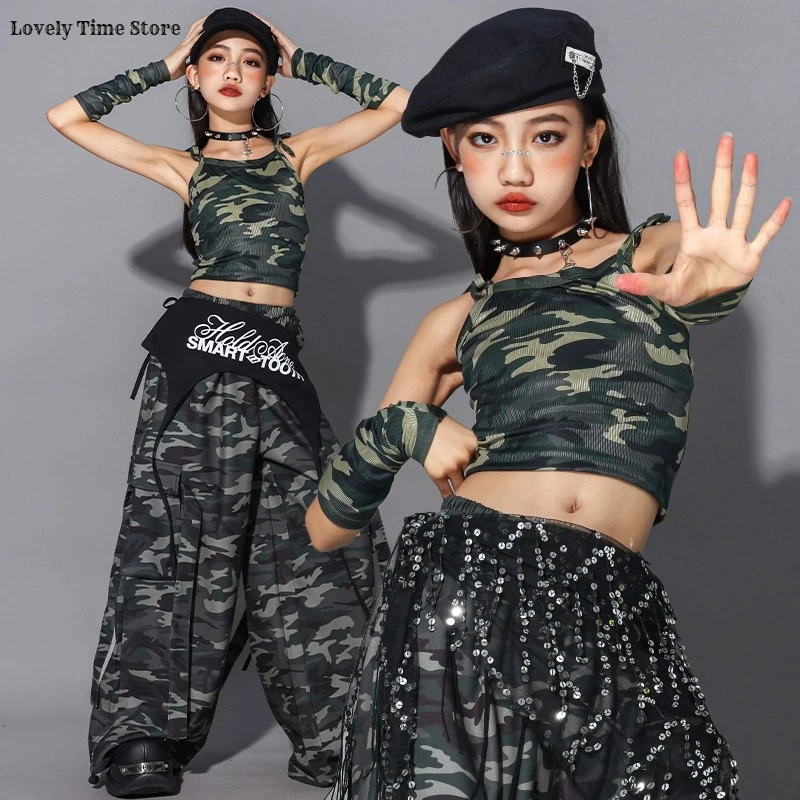 

Укороченный топ K-pop для девочек, камуфляжные брюки-карго, детские костюмы для уличных танцев в стиле хип-хоп, детские комплекты уличной одежды для джазовых девочек