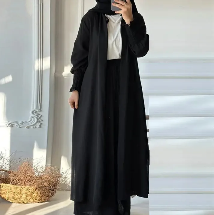 Muslim 2 Piece Women Long Coat Wide Leg Pants Suit Ramadan Morocco Dubai Islam Casual Ensemble Kimono Musulmane Arabic Outfits