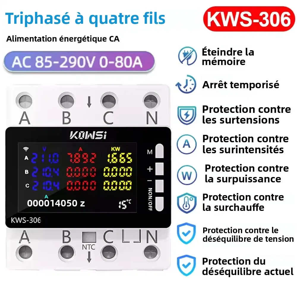 Compteur de puissance énergétique AC 85-290V/80A, écran couleur, 3 phases, Rail à 4 fils, voltmètre, 6 capteurs de Protection contre la mise hors tension, télécommande