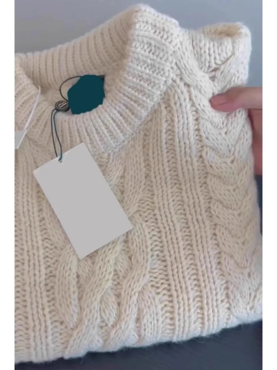 

Thiened Heavy Work Loose Knitted Sweater Twisted Cable Ne round Top White Autumn Winter Faion Casual Comfortable Sweater