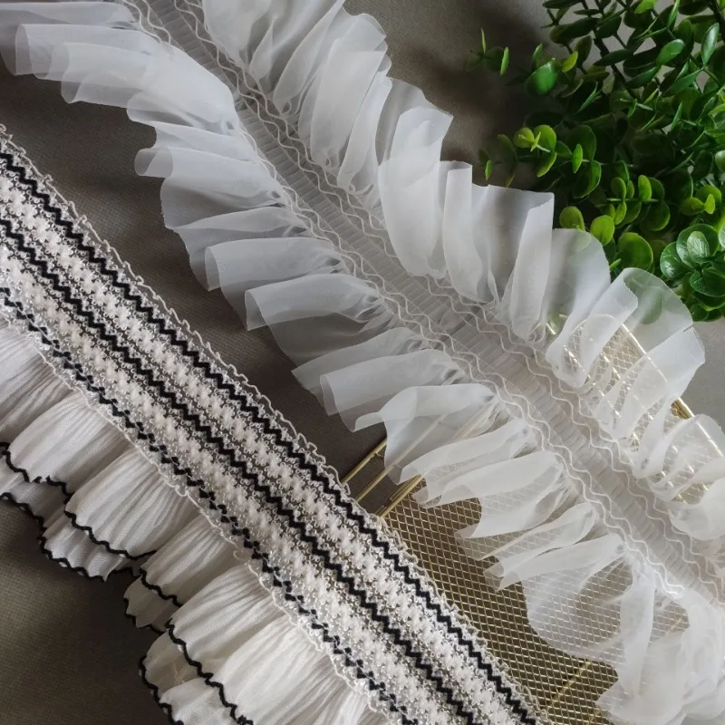 White Organ Folding Double Lace Lace with Elastic Wooden Ear Edge, Used for Dress Curtain Cuff Decoration, Lace Fabric, 10Yards