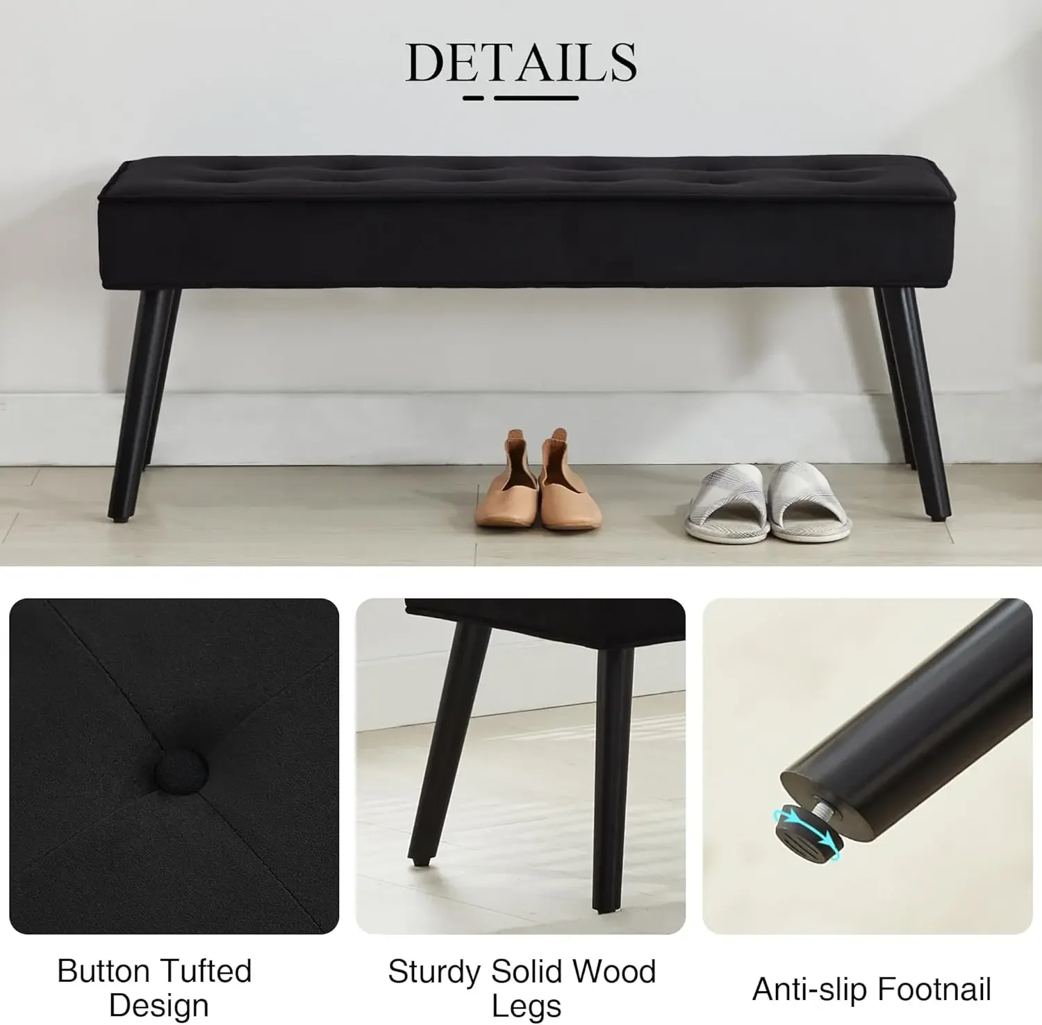 モダンなベルベット張りボタン留めベンチ、無垢材の脚付き - 快適な玄関やベッドエンド用オットマン、スタイリッシュなご自宅に