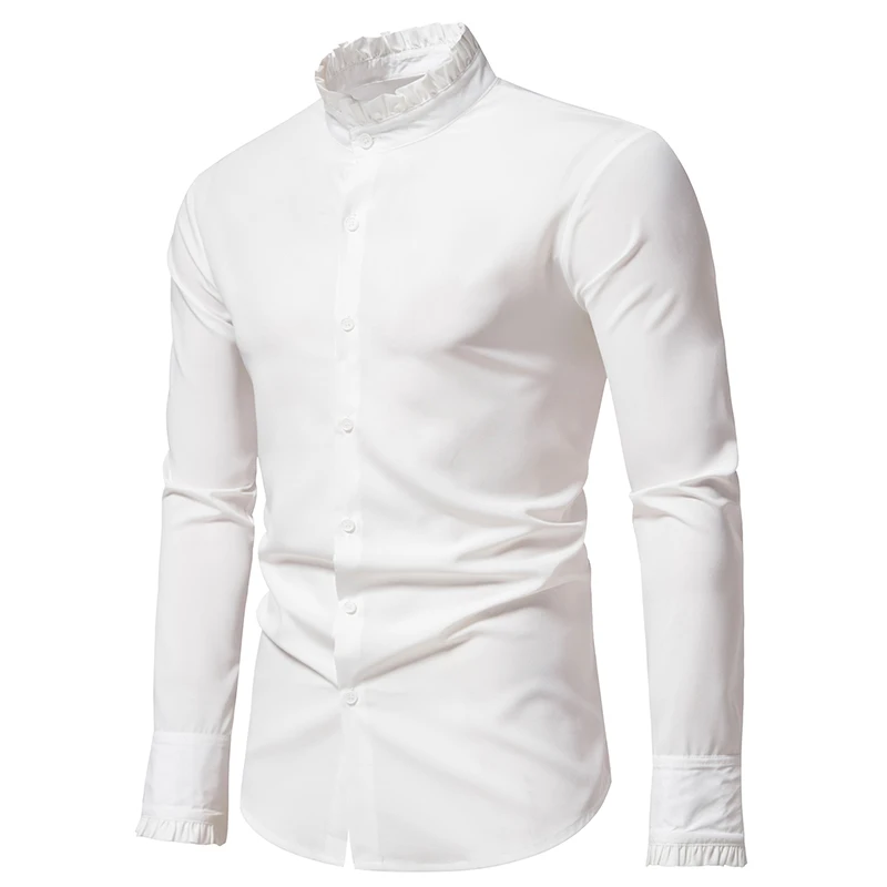 Mens White Stand Collar Ruffle Dress Shirts Party Wedding Groom Slim Fit Formal Shirts Medieval Steampunk Victorian Shirt Tops