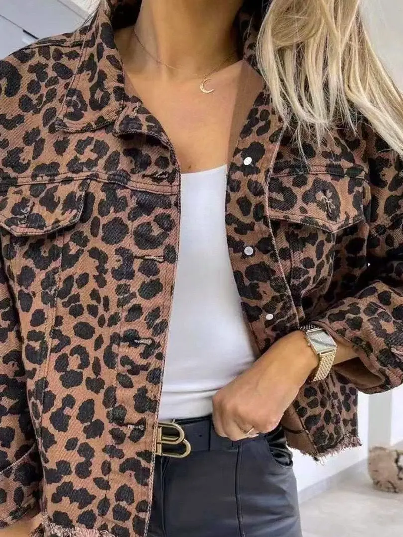 

Retro American Leopard Print Denim Jaet Women's Casual Loose Fit Fall New Design Sense Versatile ort Coat