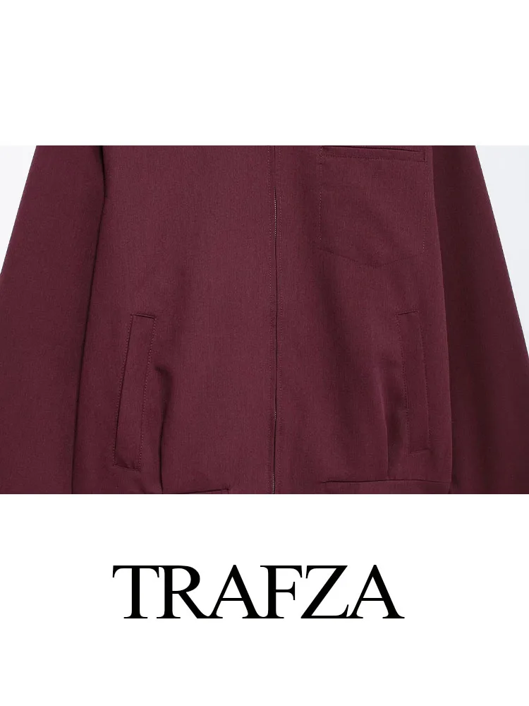 TRAFZA Women Autumn New Fashion Coats Wine Red Turn-Down Collar Long Sleeves Pockets Zipper Female Streetwear Style Jackets