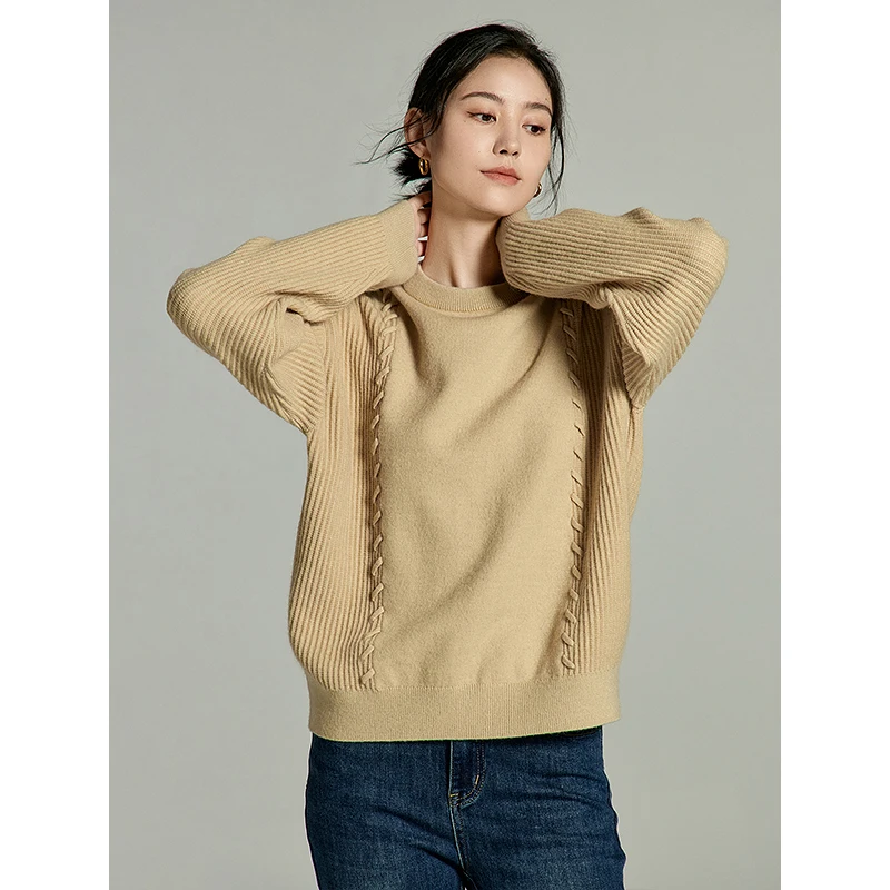 Toyouth Women Sweater 2023 Winter Long Sleeve Round Neck Loose Knitwear Ribbon Decoration Fashion Warm Yellow Apricot Tops