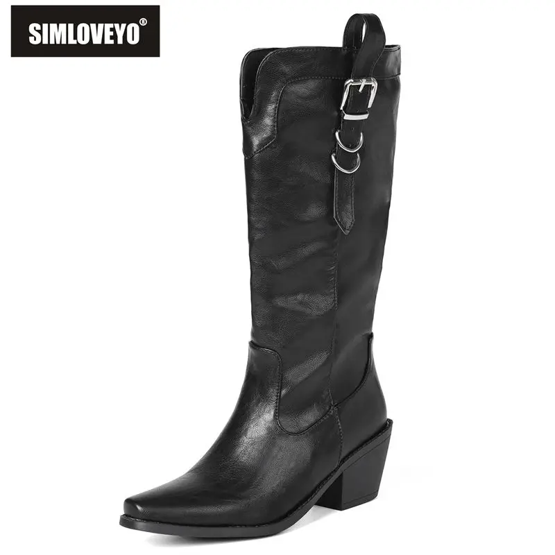 

SIMLOVEYO2025 Новые женские ботинки до середины икры на каблуке, большой размер, большой размер, размер 43, 44, 45, 46, плиссированные, нескользящие, для свиданий, черная осень