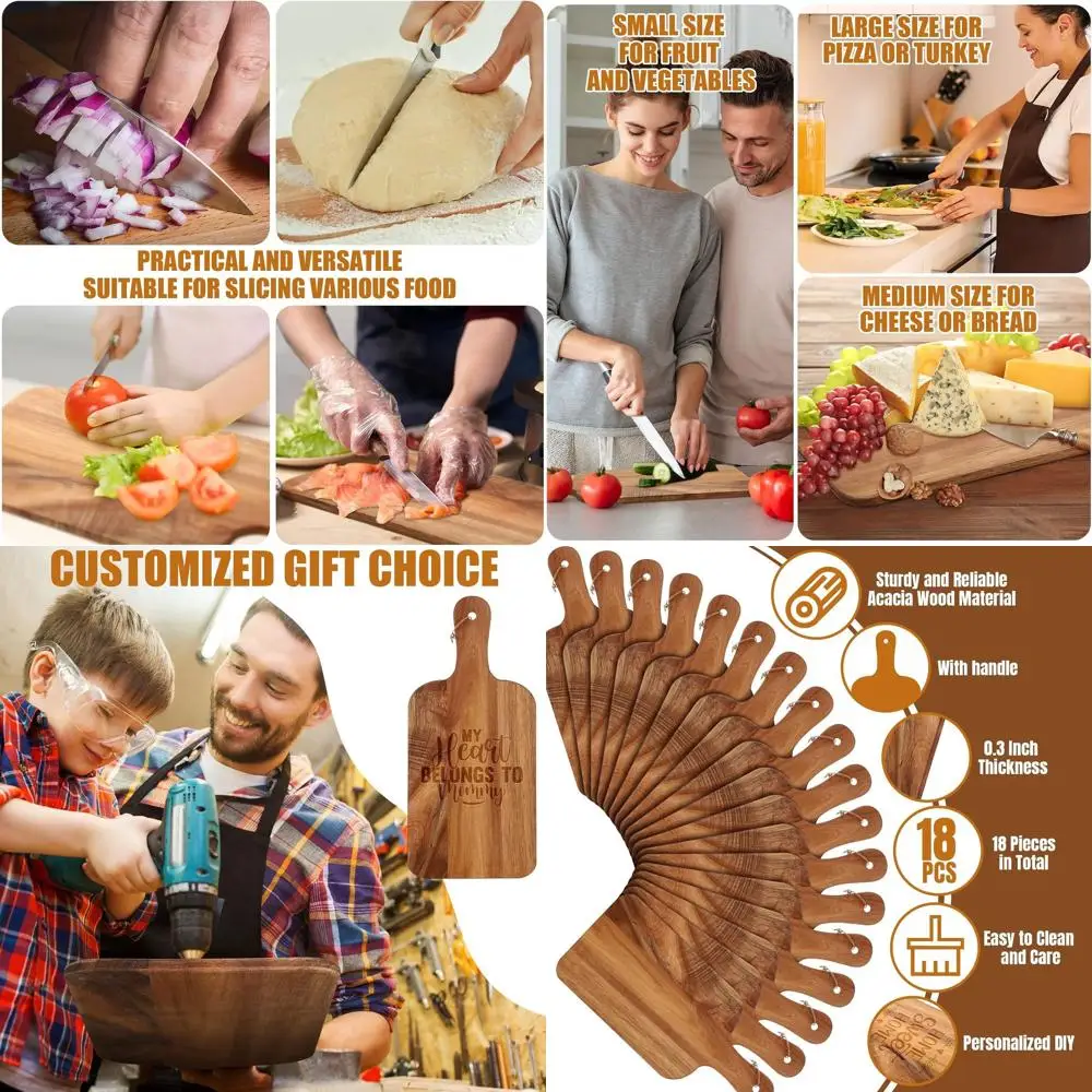 

Acacia Wood Charcuterie Set, 18-Piece Cutting Boards with Handles, 15x7 Inches, Ideal for DIY Gifts & Kitchen Use